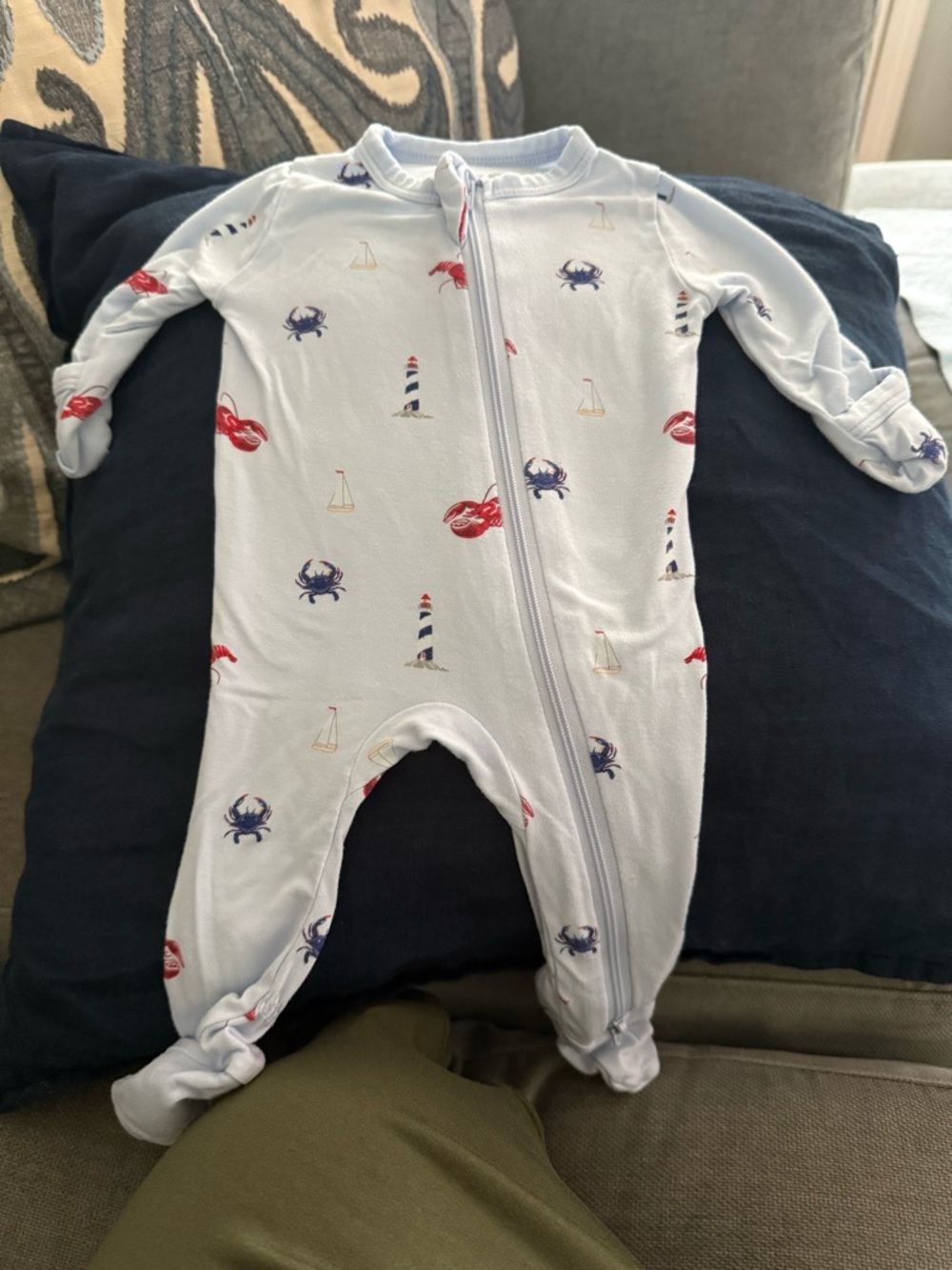 Kyte BABY Light Blue Nautical Zip Footie with Red & Navy Accents